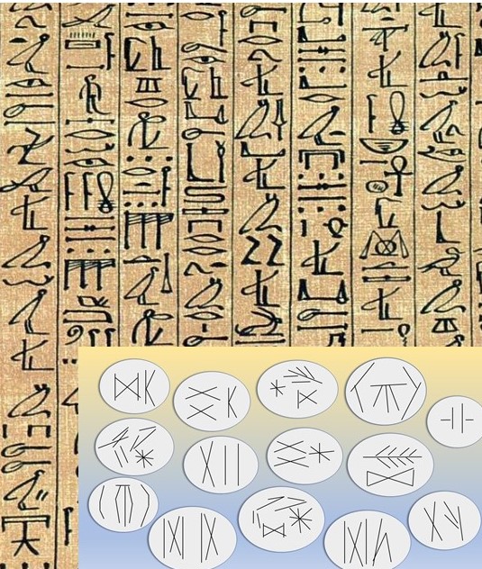 Cursive hieroglyphics from the Papyrus of Ani compared to marks on my scarab bracelets